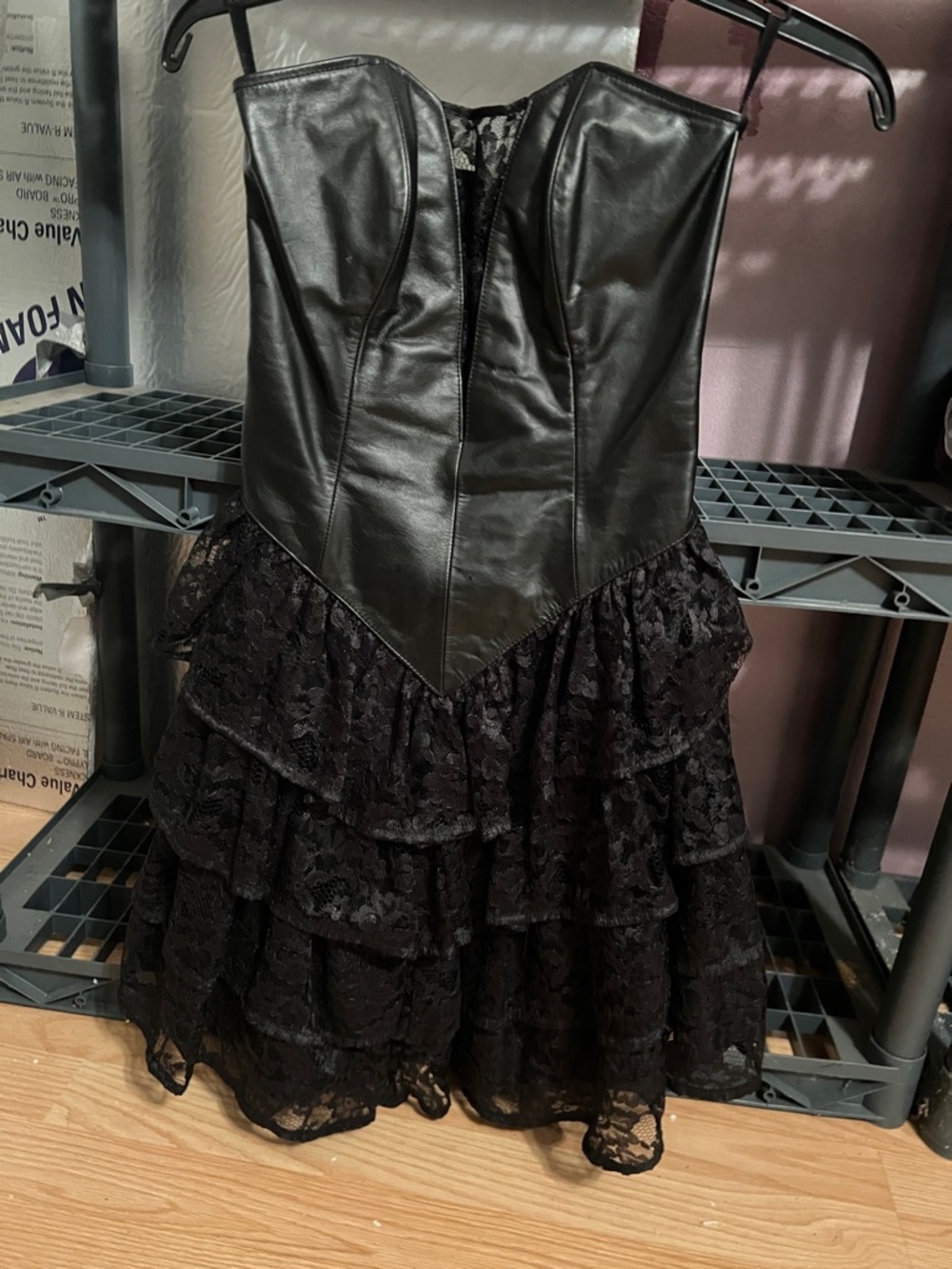Black Strapless Leather Corset Dress with  Ruffled Skirt.Leather jacket